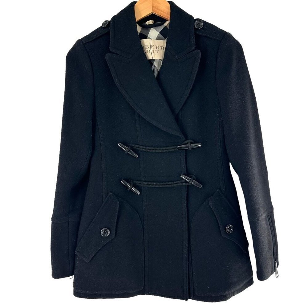 Authentic Burberry Brit Black Wool Toggle Peacoat Size 4